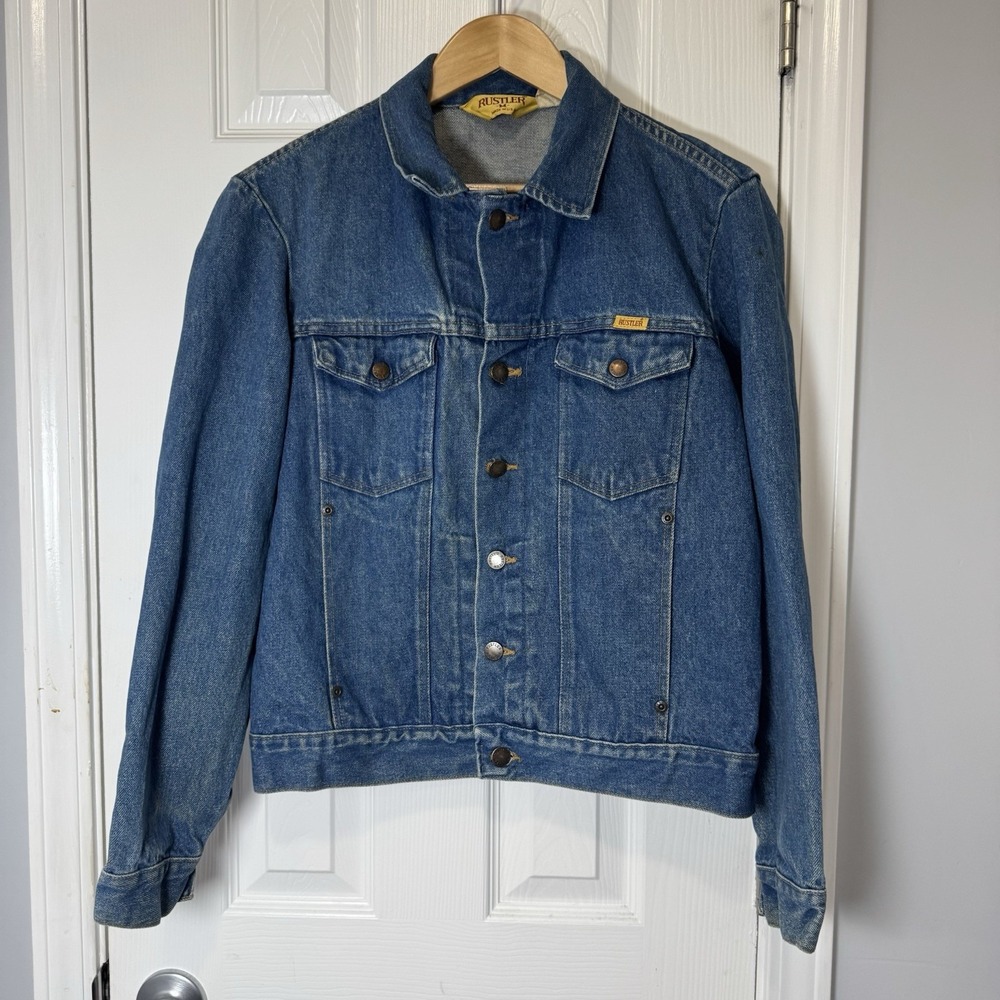 VTG RUSTLER Denim Blue Jean TRUCKER Jacket Men Sz Medium Made In USA 100% Cotton